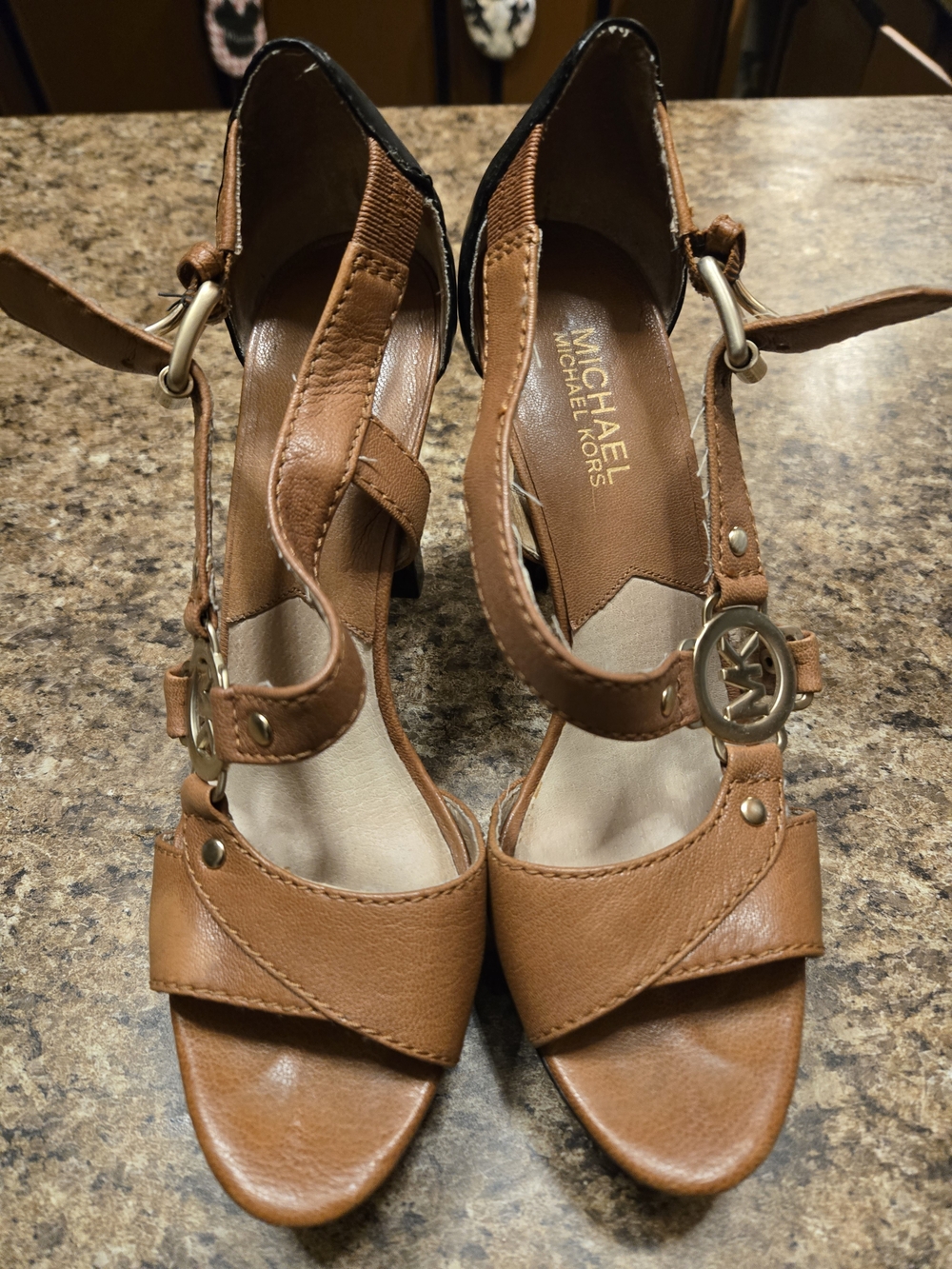 Michael Kors Tan Leather Open-Toe Ankle-Strap Heels with MK Logo